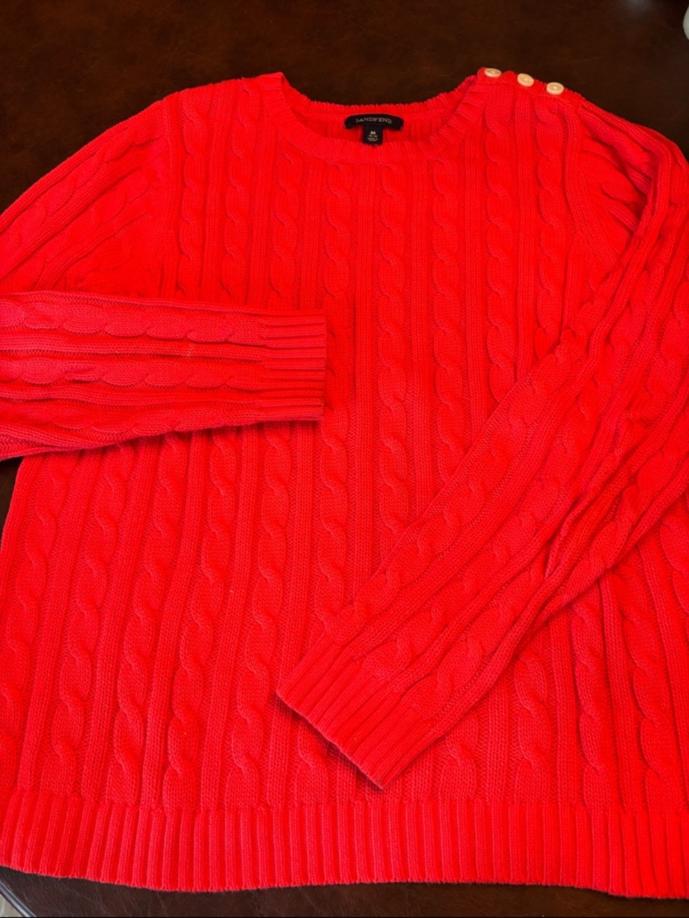 Women’s Land's End Cable-Knit Crewneck Sweater in bright Coral